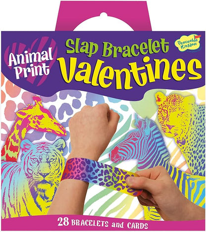 Peaceable Kingdom Valentines Cards for Kids Classroom, Set of 28 Valentines Day Gifts - Animal Print Slap Bracelets