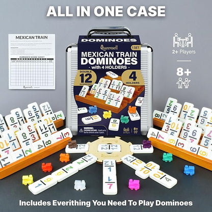 Queensell Mexican Train Dominoes Set with Numbers and 4 Holders - Wooden Hub and Domino Holders - Double 12 with Numbers (D12 Numbers + 4 Holders)