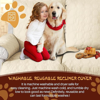 XINEAGE 100% Waterproof Recliner Chair Cover, Non Slip Covers for Recliner Chair with Pocket, Washable Dog Recliner Couch Cover with Elastic Straps (Beige, 22")