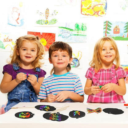 JULMELON 36 Pieces Halloween Scratch Paper Crafts Kit Bulk of Halloween Pumpkins Magic Rainbow Scratch Art for Kids DIY Party Ornaments Halloween Decor with 12 Wooden Sticks and 36 Colorful Ribbons