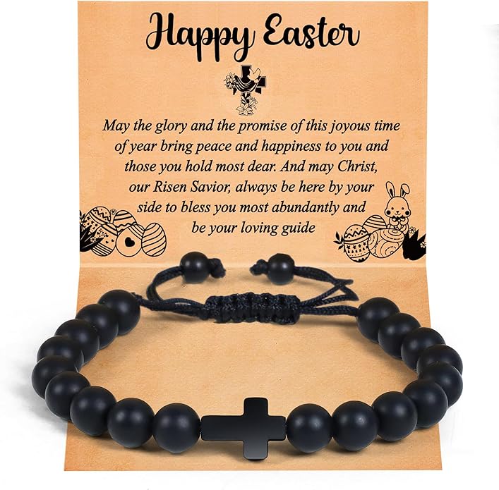 Partyprops Easter Basket Stuffers for Boys Teens Men, Black Easter Bracelet Cross Bracelet First Communion Baptism Confirmation Christian Easter Gifts for Son Daughter Teenager Girls Adults Men