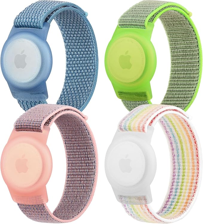 4 Pack Nylon Air Tag Bracelet for Kids, Soft Nylon Air Tag Wristband for Apple Air Tag, Adjustable Anti Lost Wristband for Toddler Baby, Boys, and Girls, Elders (Blue/GreenBlue/Rainbow)
