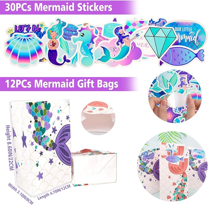 102Pcs Mermaid Party Favors Mermaid Bags Mermaid Slap Bracelets Rings Keychain Mermaid Hair Rings Temporary Tattoos Stickers for Kids Birthday Party Supplies Mermaid Goodie Bag Fillers