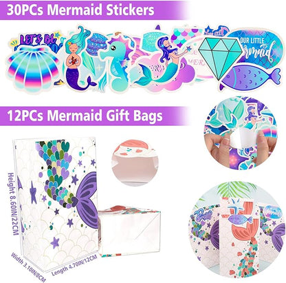 102Pcs Mermaid Party Favors Mermaid Bags Mermaid Slap Bracelets Rings Keychain Mermaid Hair Rings Temporary Tattoos Stickers for Kids Birthday Party Supplies Mermaid Goodie Bag Fillers