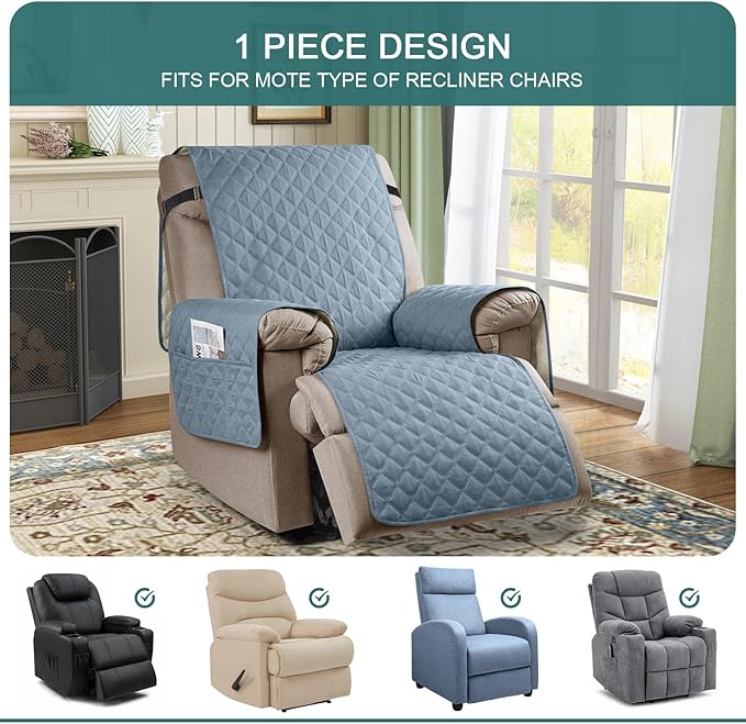 Ruaozz 100% Waterproof Recliner Chair Cover Non-Slip Reclining Cover for Recliner Chair Washable Chair Seat Cover with Elastic Straps for Kids, Dogs, Pets (Pastel Blue, 23'')