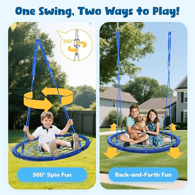 Trekassy 750lbs 40“ Spider Web Saucer Tree Swing for Kids Adults, Outdoor Net Swing with Steel Frame and 2 Hanging Straps-Blue+Black (Patented)