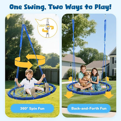 Trekassy 750lbs 40“ Spider Web Saucer Tree Swing for Kids Adults, Outdoor Net Swing with Steel Frame and 2 Hanging Straps-Blue+Black (Patented)