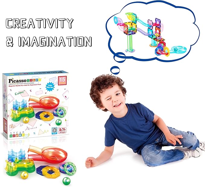 PicassoTiles Magnetic Marble Run Add-On Expansion Pack for Magnet Tile Building Blocks Maze Construction Toy Kit Educational STEM Learning Enhances Creativity Imagination Children Ages 3+ PTG01