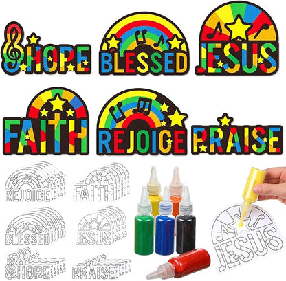 24 Sets Religious Sand Art Craft Kit for Kids Inspirational Words Painting Kit with Colored Sand Make Your Own Crafts Art DIY Art Project for Sunday School Vbs Home Fun Activities