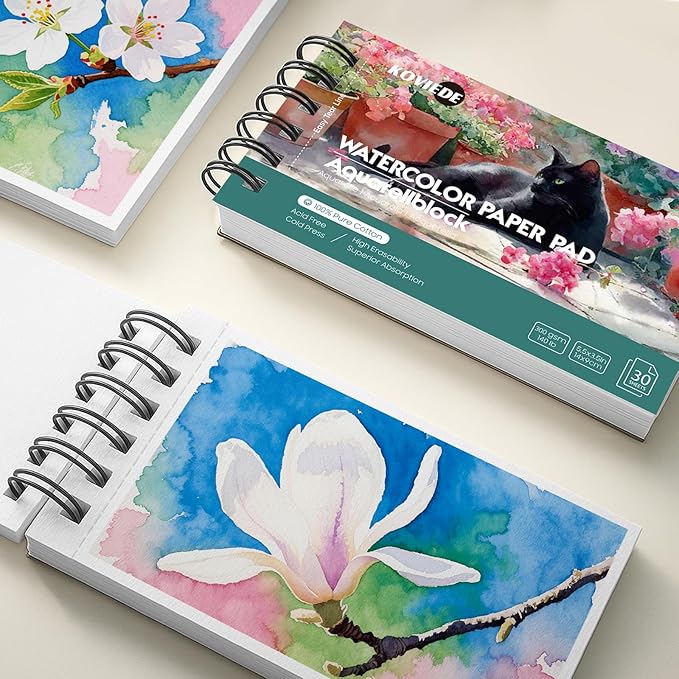 KOVIEDE 100% Cotton Watercolor Paper Pad 3 Pack (90 Sheets) Cold Press 140lb/300gsm Spiral Bound Watercolor Sketchbook, Artist Quality Art Journal Supplies (Cat-3 Pack, 3.5"x5.5")