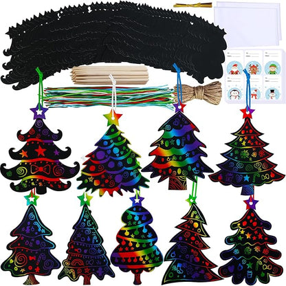 Winlyn 54 Sets 9 Styles Magic Color Scratch Black Christmas Tree Ornaments Christmas Tree Rainbow Scratch Art Decorations Christmas Craft Kit for Kids Classroom Activities Holiday Season Party Favors