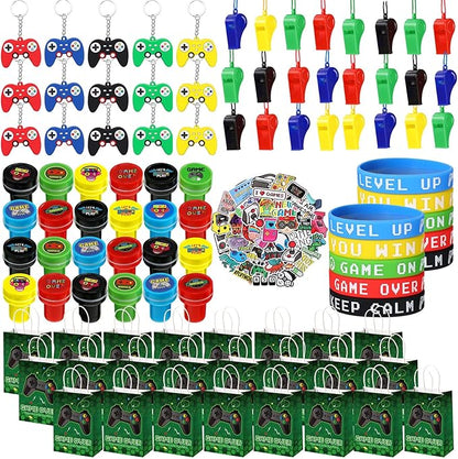 Aoriher 154 Pcs Video Game Party Favors Gift Set for Kids, Gaming Party Favors 20 Set of Keychain Bracelet Wristband Treat Bags Sticker Whistle, Game on Themed Gamer Boys Birthday Goodie Bag Fillers