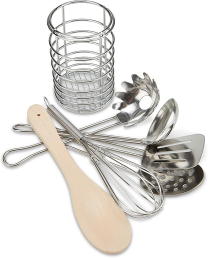 Melissa & Doug Stir and Serve Cooking Utensils (7 pcs) - Stainless Steel and Wood