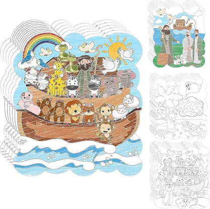 Dvbonike 24Pcs Sunday School Craft for Kids Color Your Own Noah Ark Card 4 Styles Religious Christian Coloring Cards with Biblical Scene Animal Drawing Party Gift VBS Home Classroom Decor Supplies