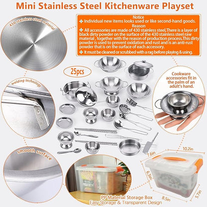 Mini Size Kids Kitchen Pretend Play Toys Accessories with Stainless Steel Cookware Pots and Pans Set,Classic Kitchen Accessories Cooking Utensils Set Tiny Role Play Cooking Play Toy for Kids Toddlers