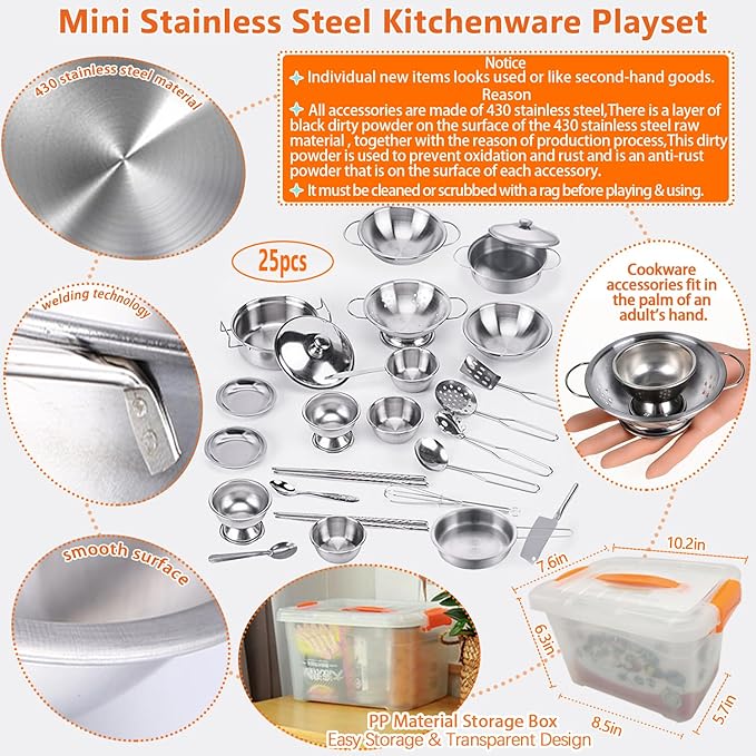 Mini Size Kids Kitchen Pretend Play Toys Accessories with Stainless Steel Cookware Pots and Pans Set,Classic Kitchen Accessories Cooking Utensils Set Tiny Role Play Cooking Play Toy for Kids Toddlers