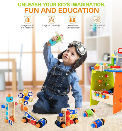 Ohuhu Kids Tool Set: 89Pcs Wooden Toddler Tool Workbench Toy Set with Construction Learning Educational Bench Play Toys for Boys Girls Age 3 4 5 6 7 Birthday