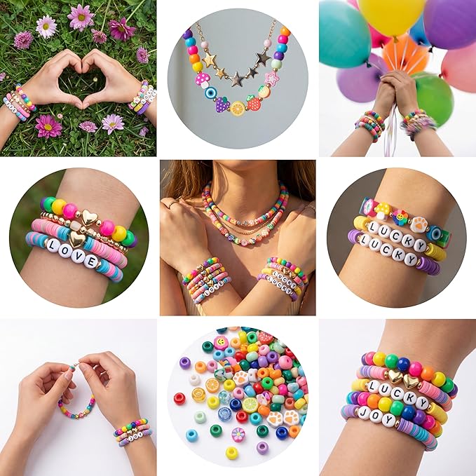 Jewelry Making Bead Kit, 6000 PCS Polymer Clay & Pony Beads, 24 Colors, 4 Letter Bead Styles, More Charms, Organizer Box, Bracelet Kit, Gift for Friends