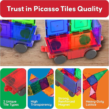 PicassoTiles 2 Piece Car Truck Construction Kit Toy Set Vehicle for Magnetic Blocks Building Tile Sensory Magnet Toys with Re-Enforced Hitch & Long Bed Educational Puzzle Girls Boys Toddlers Ages 3+