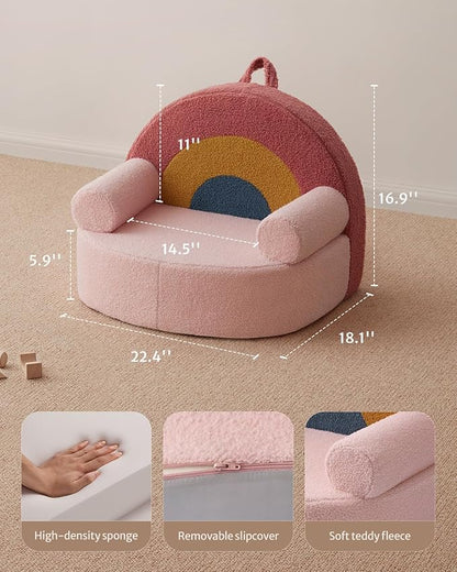 Blissful Diary Toddler Chair Comfy, Foam Kids Chair with Soft Teddy Plush, Toddler Reading Armchair with Cute Rainbow Designs- Blush Pink