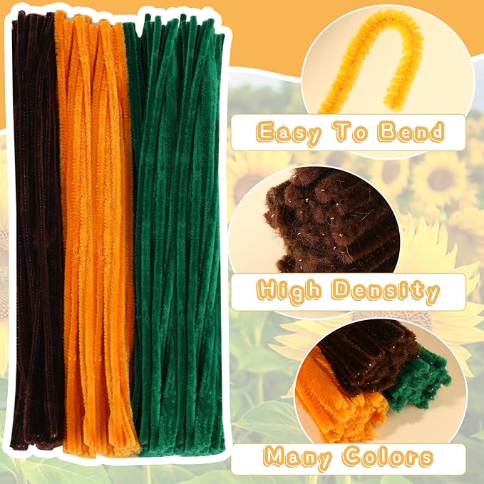 430PCS Pipe Cleaners Chenille Stem Craft Flower Supplies, Pipe Cleaner Flowers Crafts, Pipe Cleaner Sunflowers Kit with Instructions, 3 Colors Pipe Cleaners Set for DIY Art Craft Decorations-5 flowers
