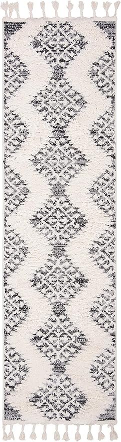 SAFAVIEH Moroccan Tassel Shag Collection Runner Rug - 2'3" x 22', Ivory & Grey, Boho Design, Non-Shedding & Easy Care, 2-inch Thick Ideal for High Traffic Areas in Living Room, Bedroom (MTS652F)
