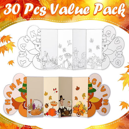 Motipuns 30 Pcs Thanksgiving Gift for Kids Turkey Coloring Crafts Color Your Own Turkey Greeting Cards Fall Pumpkin Paper DIY Craft Kits Thanksgiving Decor for School Games Activities Party Supplies
