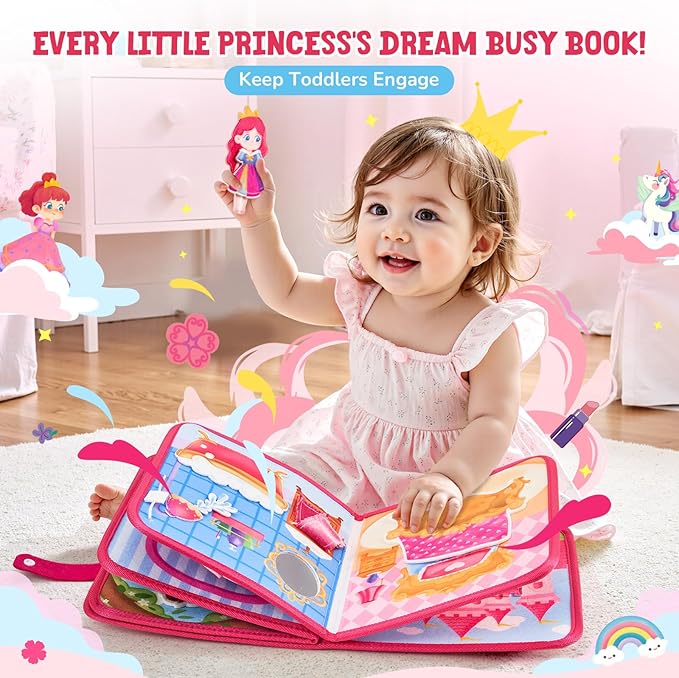 JoyCat Travel Toys for Toddlers 1-3, Princess Busy Book – Busy Book for 1 Year Old, Dress-Up, Unicorn & Castle Play –Quiet Toy Fine Motor Skills, Easter Basket Stuffers Gifts for Kids Girl