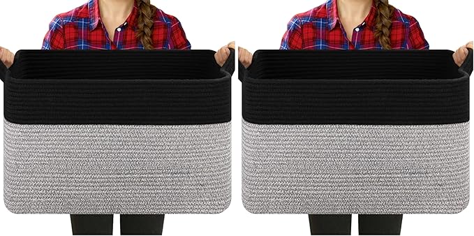 OIASKET Blanket Basket for Living Room, Woven Cotton Rope Basket for Storage Clothes, Towels, Pillows, Toy Storage Bin for kids with Handles, 20" x 16" x 12", Black and Grey (Pack of 2)