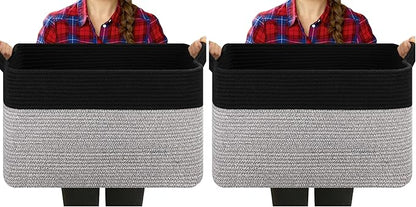 OIASKET Blanket Basket for Living Room, Woven Cotton Rope Basket for Storage Clothes, Towels, Pillows, Toy Storage Bin for kids with Handles, 20" x 16" x 12", Black and Grey (Pack of 2)