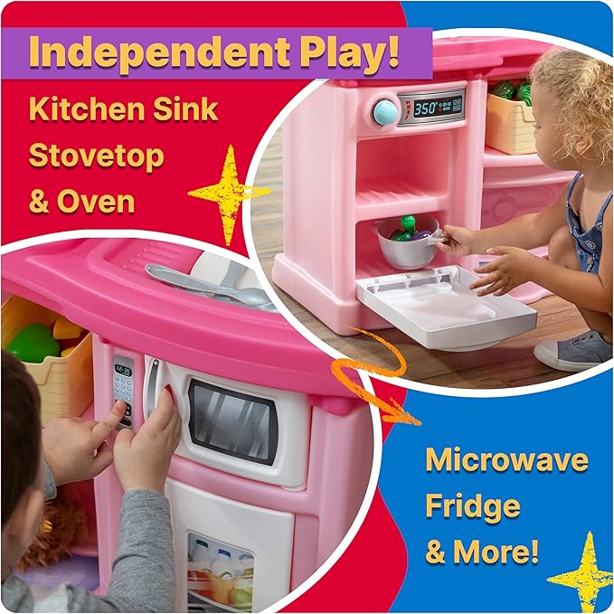 Step2 Fun with Friends Kids Kitchen Playset, Indoor/Outdoor Kitchenette, Interactive Play with Lights and Sounds, Durable Plastic, Includes 25 Piece Toy Accessories, Toddlers 2+ Years Old, Tan