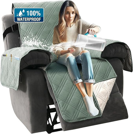 H.VERSAILTEX 100% Waterproof Couch Cover for Reclining Couch Reversible Recliner Covers for Large Recliner with Elastic Straps Sitting Width Up to 28" (Oversized Recliner, Lily Pad/Beige)