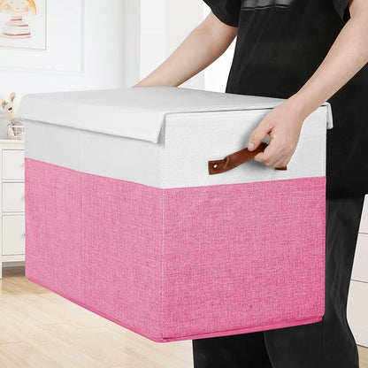 Gowee Large Toy Box with Lid, Sturdy Toy Storage Chest Bin Boxes Organizer Basket with Dividers for Toddlers, Kids, Boys, Girls, Nursery, Closet, Bedroom, Playroom 25"x13" x16" (Pink and White)