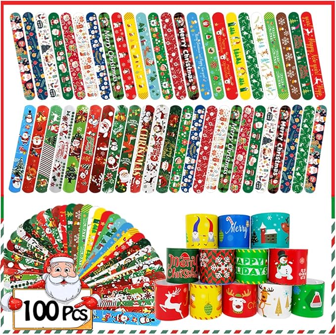 100Pcs Christmas Slap Bracelets, Christmas Party Favors for Kids, Christmas Stocking Stuffers, Christmas Toys For kid and children, Party Gift Bag Filler Supply