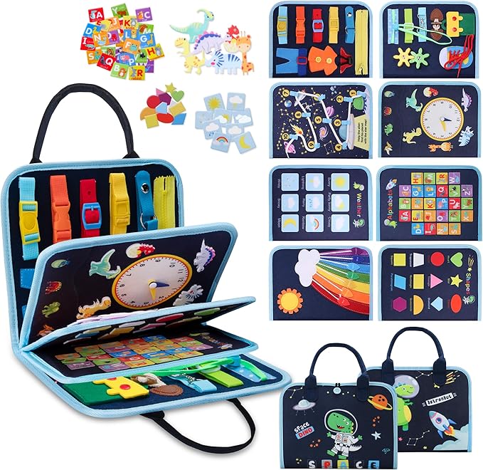 GONINO Toddler Busy Board Montessori Toys for 3 Year Old, Dinosaur Space Busy Book with 23 Activities for Learning Fine Motor Skills, Sensory Travel Toys for Airplane Car, Gifts for Boys Girls 3+