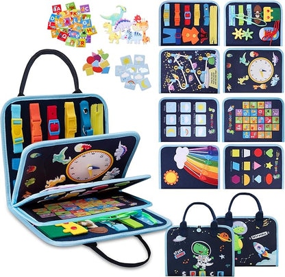 GONINO Toddler Busy Board Montessori Toys for 3 Year Old, Dinosaur Space Busy Book with 23 Activities for Learning Fine Motor Skills, Sensory Travel Toys for Airplane Car, Gifts for Boys Girls 3+