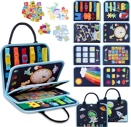 GONINO Toddler Busy Board Montessori Toys for 3 Year Old, Dinosaur Space Busy Book with 23 Activities for Learning Fine Motor Skills, Sensory Travel Toys for Airplane Car, Gifts for Boys Girls 3+