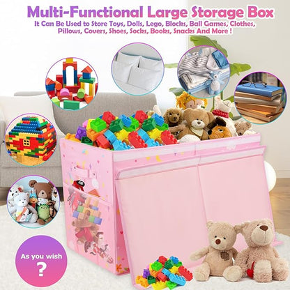 Mabahoo Large Toy Box, Collapsible Sturdy Kids Storage Organizer for Boys Girls, 25"x13"x16" Storage Box with Lids, Toy Chest Bins Basket for Living Room, Playroom, Nursery, Pink