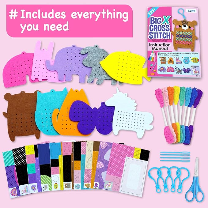 EZCRA Beginner Needlepoint Cross Stitch Kit for Kids Ages 5-8 – Easy Embroidery Starter Set with Jumbo Plastic Needles, Pre-Printed Patterns, Instructions – DIY Arts & Crafts for Girls & Boys