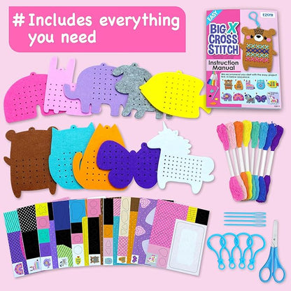 EZCRA Beginner Needlepoint Cross Stitch Kit for Kids Ages 5-8 – Easy Embroidery Starter Set with Jumbo Plastic Needles, Pre-Printed Patterns, Instructions – DIY Arts & Crafts for Girls & Boys
