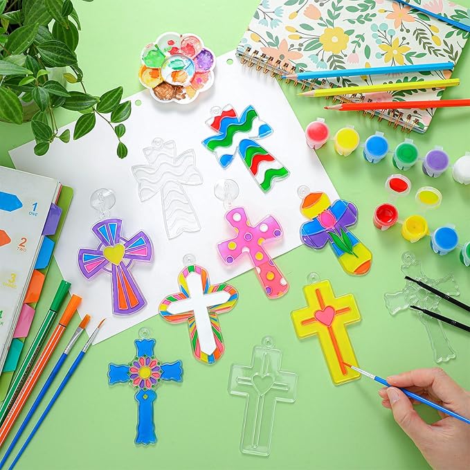 Poen 28 Sets Religious Cross Suncatchers Kits for Kids Ornaments Crafts Flip Flop Window Paint Art DIY Decor for Sunday School VBS Classroom Activities Holiday Party