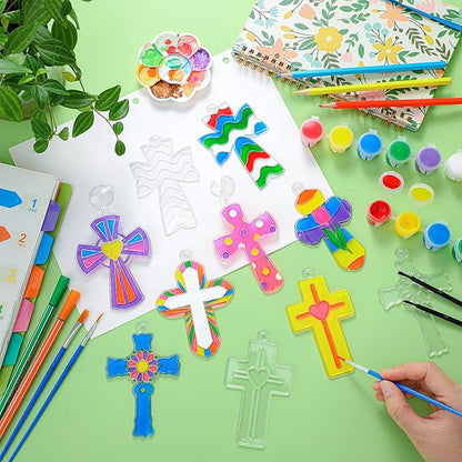 Poen 28 Sets Religious Cross Suncatchers Kits for Kids Ornaments Crafts Flip Flop Window Paint Art DIY Decor for Sunday School VBS Classroom Activities Holiday Party