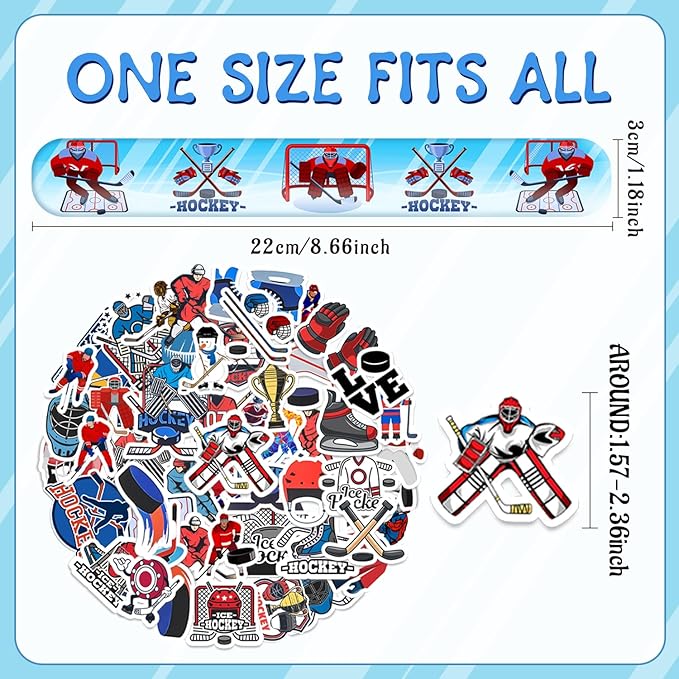 74 PCS Ice Hockey Party Favors, 24 PCS Ice Hockey Slap Bracelets 50 PCS Ice Hockey Stickers Ice Hockey Birthday Party Decorations Supplies Gifts for Kids Classroom Rewards