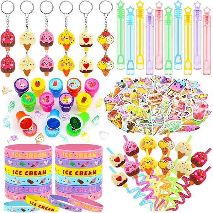 110 PCS Ice Cream Party Favors Set - Fun and Colorful Party Supplies for Kids, Includes Drinking Straws, Wristbands, Macaron Bubble Wands, Stamps, Keychains, and Stickers