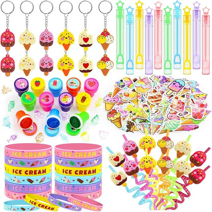 110 PCS Ice Cream Party Favors Set - Fun and Colorful Party Supplies for Kids, Includes Drinking Straws, Wristbands, Macaron Bubble Wands, Stamps, Keychains, and Stickers