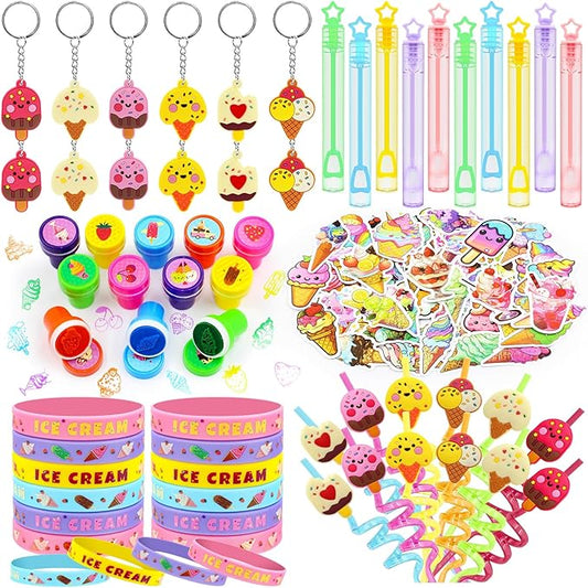 110 PCS Ice Cream Party Favors Set - Fun and Colorful Party Supplies for Kids, Includes Drinking Straws, Wristbands, Macaron Bubble Wands, Stamps, Keychains, and Stickers