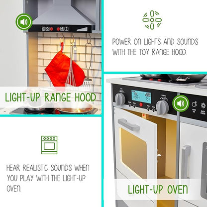 Lil' Jumbl Jumbl Kids Kitchen Set, Pretend Wooden Play Kitchen, Includes Range Hood, Microwave, Stove Top, Oven That Make Realistic Sound & Light, Pots, Pan, Cutting Board & Utensils Included,