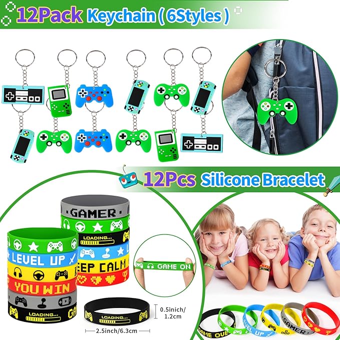 102 Video Game Party Favors Birthday Supplies Silicone Bracelet VIP Pass Holder Stamper Keychain Tattoo Stickers Goodie Bag Fillers Gaming on Toy Gift Kid Boy Gamer Party Favors