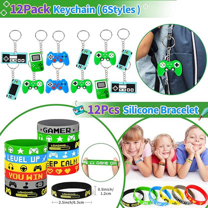 102 Video Game Party Favors Birthday Supplies Silicone Bracelet VIP Pass Holder Stamper Keychain Tattoo Stickers Goodie Bag Fillers Gaming on Toy Gift Kid Boy Gamer Party Favors