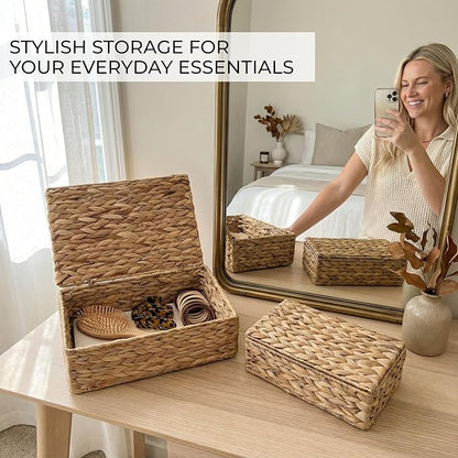 Decorative Storage Boxes with Lids - Set of 2 Beautiful Wicker Organizer Bins for Your Shelves & Home Decor - Safely Store Your Photos, Documents, and Memory Box Keepsakes in a Stylish Rattan Design